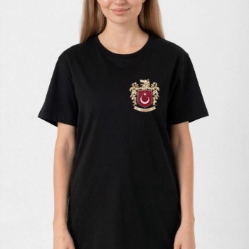 Türk Arma Baskılı Oversize Bisiklet Yaka Günlük T-shirt - Siyah Türk Arma Baskılı Oversize Bisiklet Yaka Günlük T-shirt - Siyah