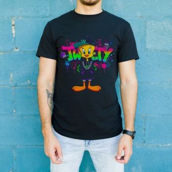 Tweety Graffiti Baskılı Unisex Siyah Oversize Tişört - 24/1 Penye Tweety Graffiti Baskılı Unisex Siyah Oversize Tişört - 24/1 Penye