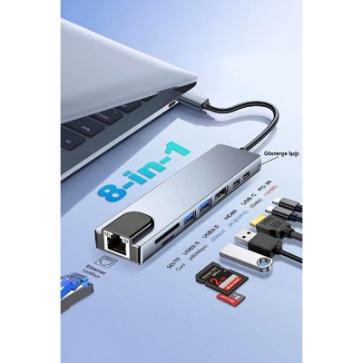 Type C Girişli 8 Port Dönüştürücü Ve Çoklayıcı Type C Girişli 8 Port Dönüştürücü Ve Çoklayıcı