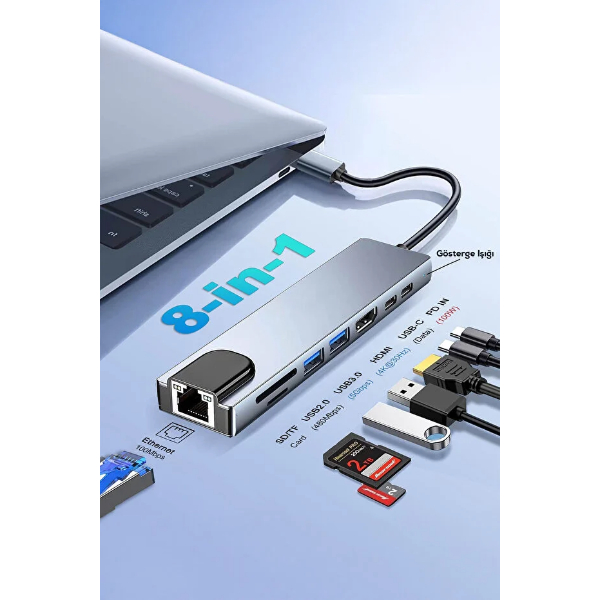 Type C Girişli 8 Port Dönüştürücü Ve Çoklayıcı Type C Girişli 8 Port Dönüştürücü Ve Çoklayıcı