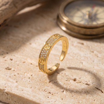 Vida ve Zirkon Taş Detaylı Gold Çelik Yüzük Vida ve Zirkon Taş Detaylı Gold Çelik Yüzük