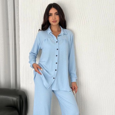Yakalı Düğmeli Uzun Kollu Gömlek Pantolon ikili Takım - Bebek Mavisi Yakalı Düğmeli Uzun Kollu Gömlek Pantolon ikili Takım - Bebek Mavisi
