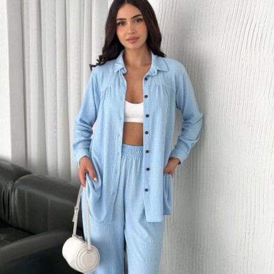 Yakalı Düğmeli Uzun Kollu Gömlek Pantolon ikili Takım - Bebek Mavisi Yakalı Düğmeli Uzun Kollu Gömlek Pantolon ikili Takım - Bebek Mavisi