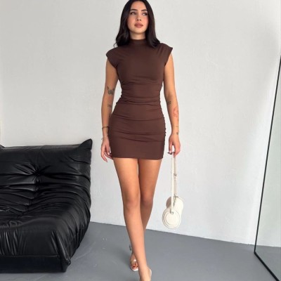 Yarım Bogazlı Kolsuz Mini Boy Elbise - Kahve Yarım Bogazlı Kolsuz Mini Boy Elbise - Kahve