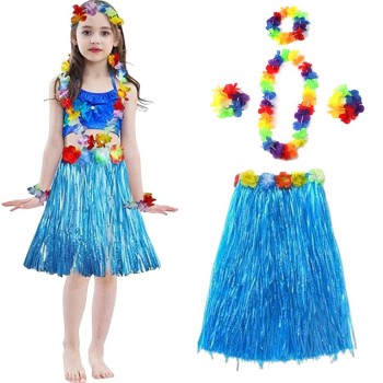 Yetişkin ve Çocuk Uyumlu Hawaii Luau Aloha Mavi Püsküllü Etek Kolye Taç ve 2 Adet Bileklik Seti Yetişkin ve Çocuk Uyumlu Hawaii Luau Aloha Mavi Püsküllü Etek Kolye Taç ve 2 Adet Bileklik Seti