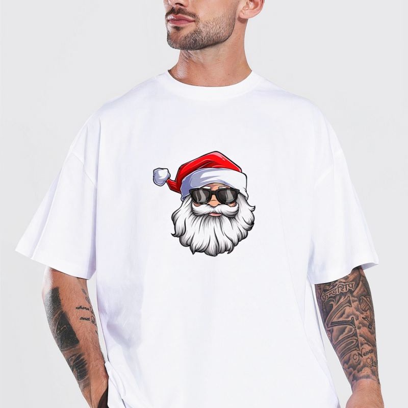 Yılbaşı Gözlüklü Noel Baba Baskılı Kısa Kollu Oversize Bisiklet Yaka T-shirt - Beyaz Yılbaşı Gözlüklü Noel Baba Baskılı Kısa Kollu Oversize Bisiklet Yaka T-shirt - Beyaz