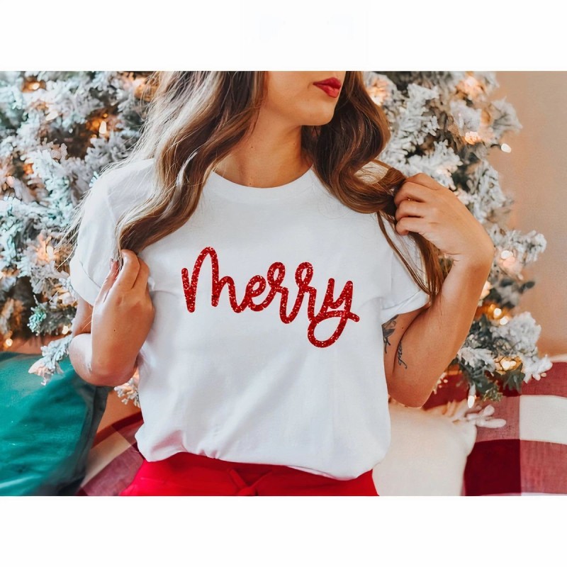 Yılbaşı Merry Christmas Baskılı Kısa Kollu Oversize Bisiklet Yaka T-shirt - Beyaz Yılbaşı Merry Christmas Baskılı Kısa Kollu Oversize Bisiklet Yaka T-shirt - Beyaz