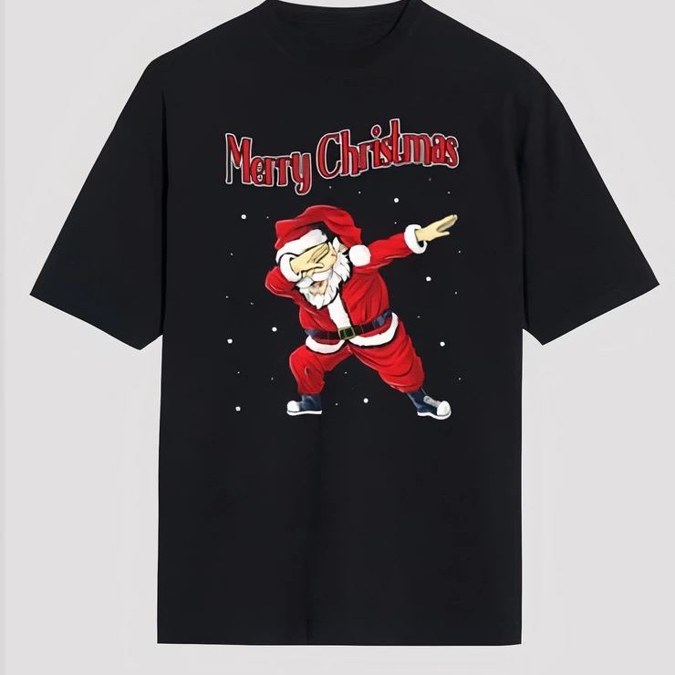 Yılbaşı Merry Christmas Noel Baba Baskılı Oversize Bisiklet Yaka T-shirt - Siyah Yılbaşı Merry Christmas Noel Baba Baskılı Oversize Bisiklet Yaka T-shirt - Siyah