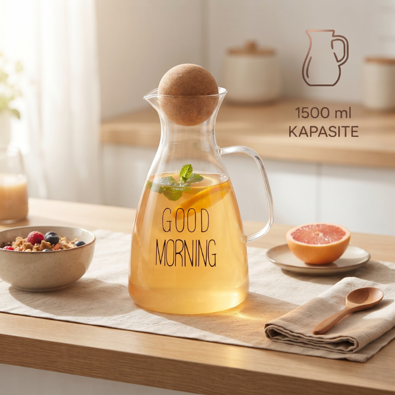 Yuvarlak Mantar Kapaklı Sürahi - 1500 ml - Yüksek Kaliteli Cam 