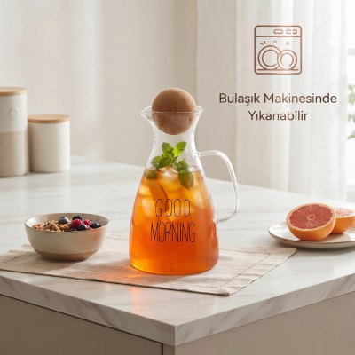 Yuvarlak Mantar Kapaklı Sürahi - 1500 ml - Yüksek Kaliteli Cam 