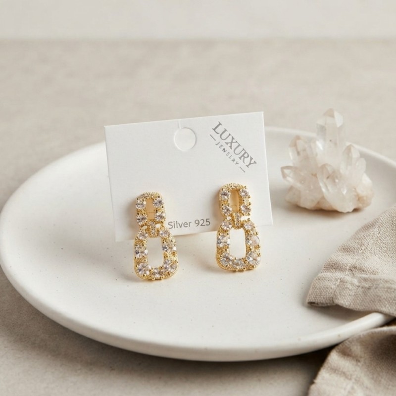 Zirkon Taşlı Gold Renk Pirinç Vintage Kadın Küpe